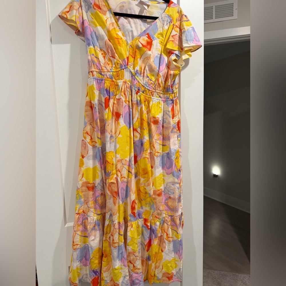 Isabel Maternity by Ingrid & Isabel flutter sleeve yellow floral dress.